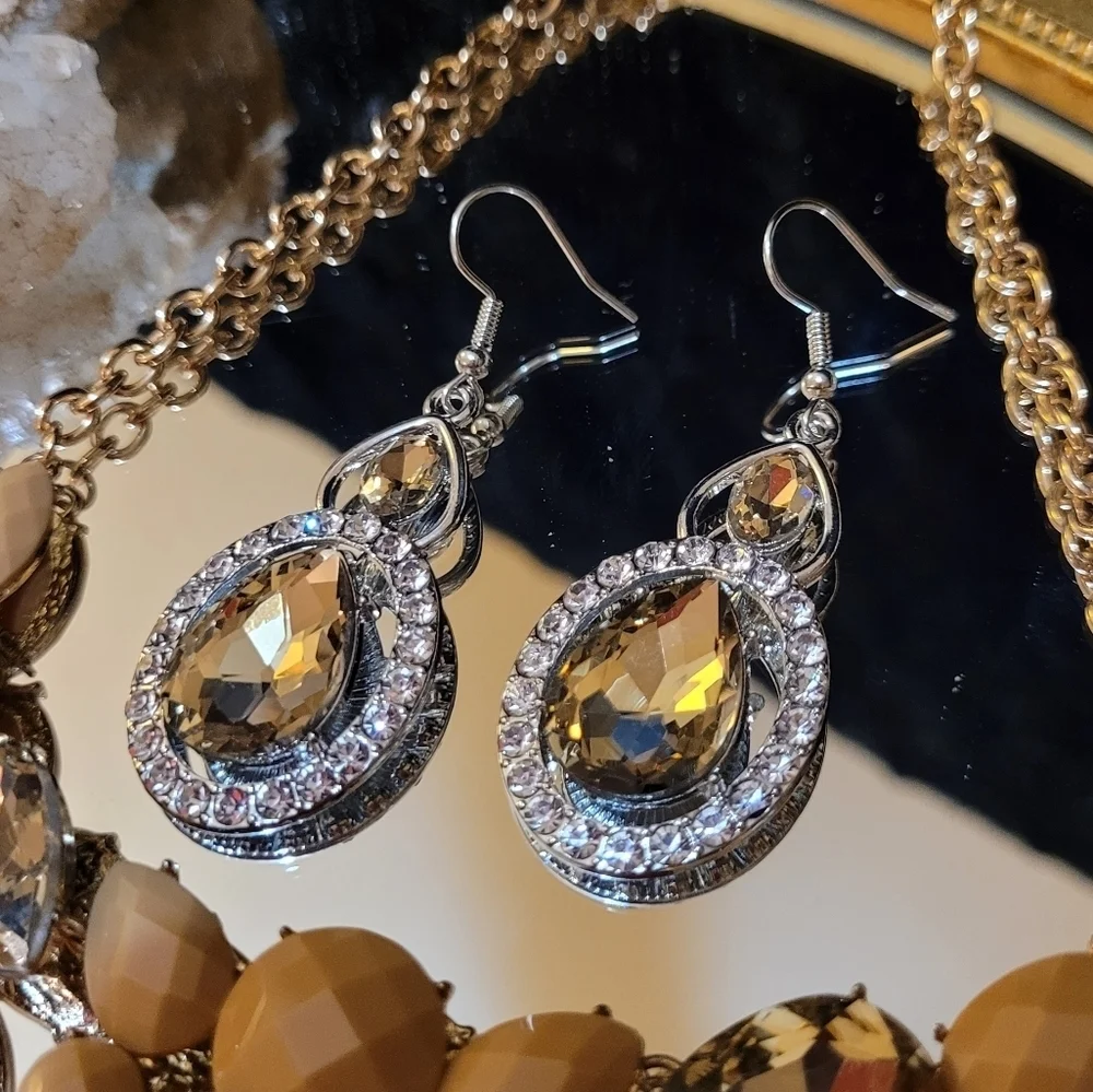 Vintage Champagne Crystal Silver Drop Earrings